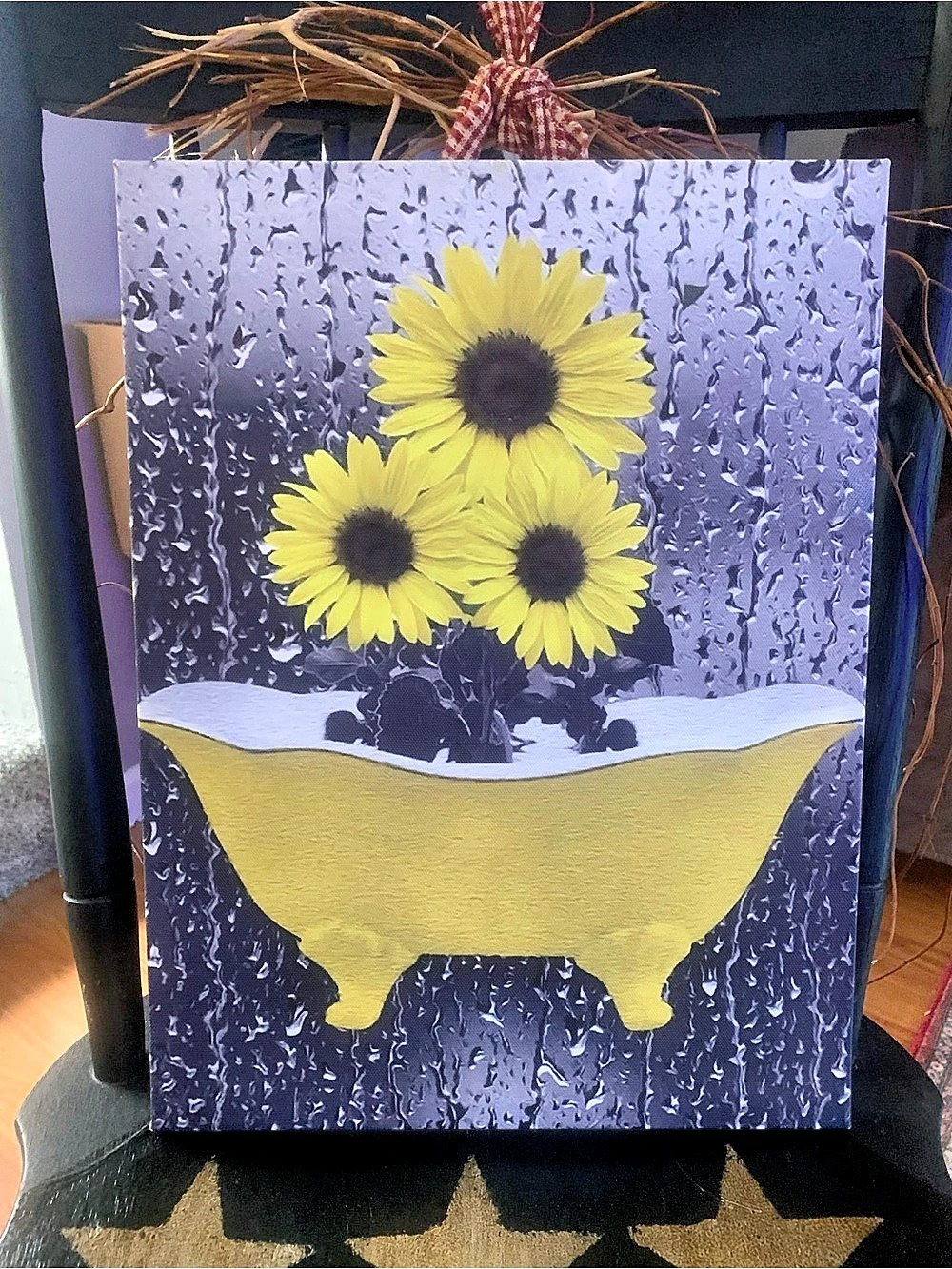 Framed Floral Bathtub Mixed Media Art 12x1616